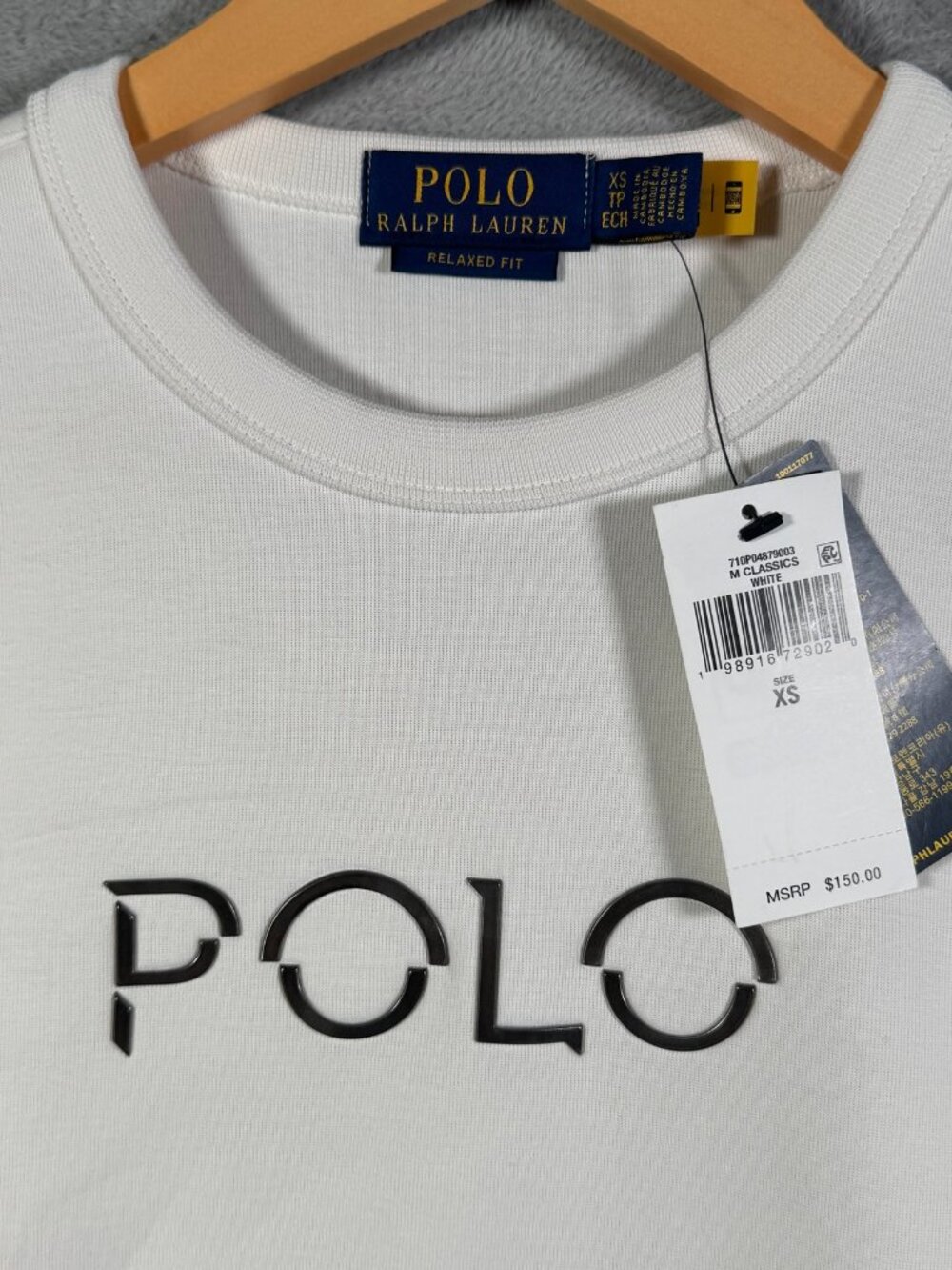 Ralph Lauren Sweatshirt Mens XS White Relaxed Fit Double Knit Spell Out $150
